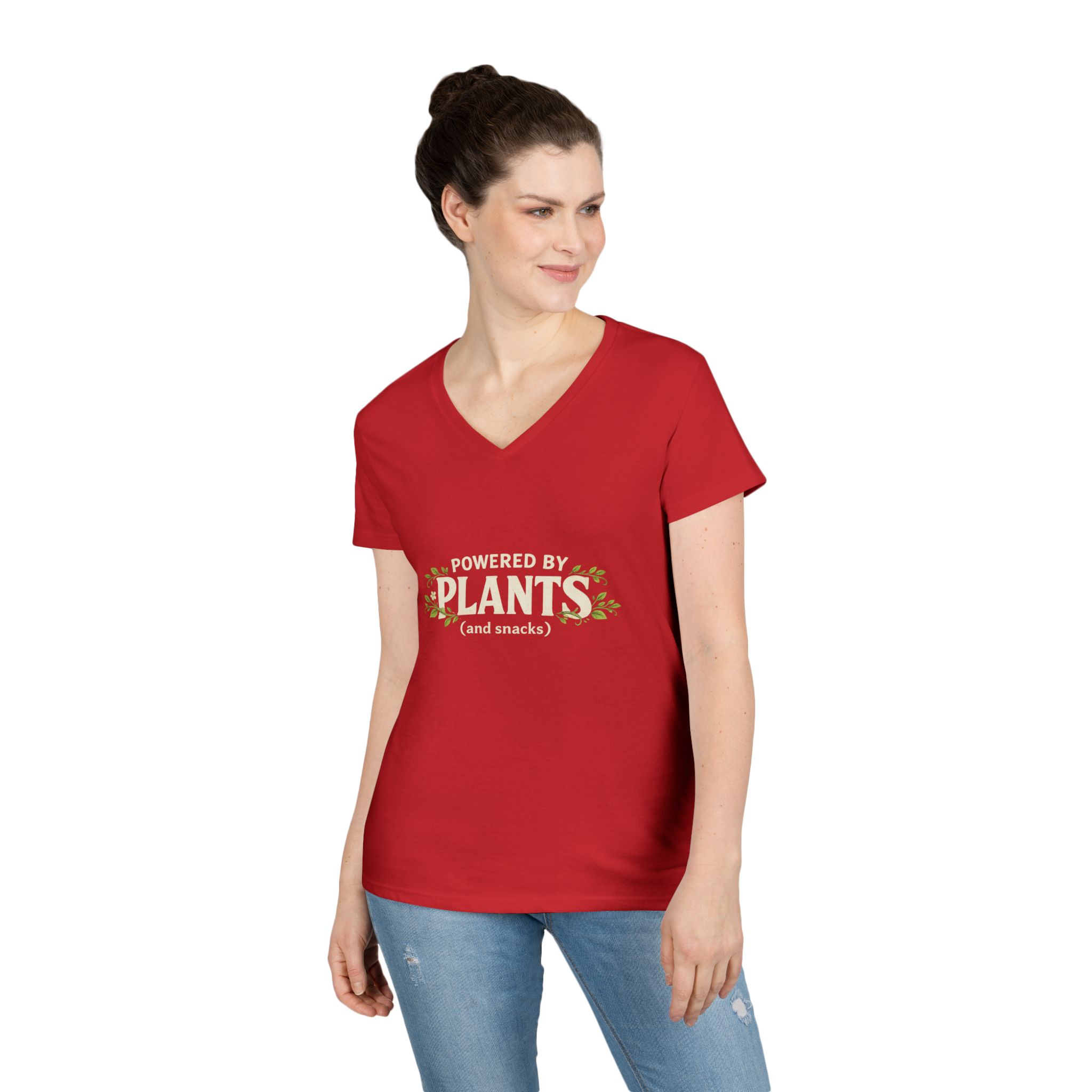 Powered by Plants V-Neck T-Shirt — Vegan Garden Graphic Tee - Image 36