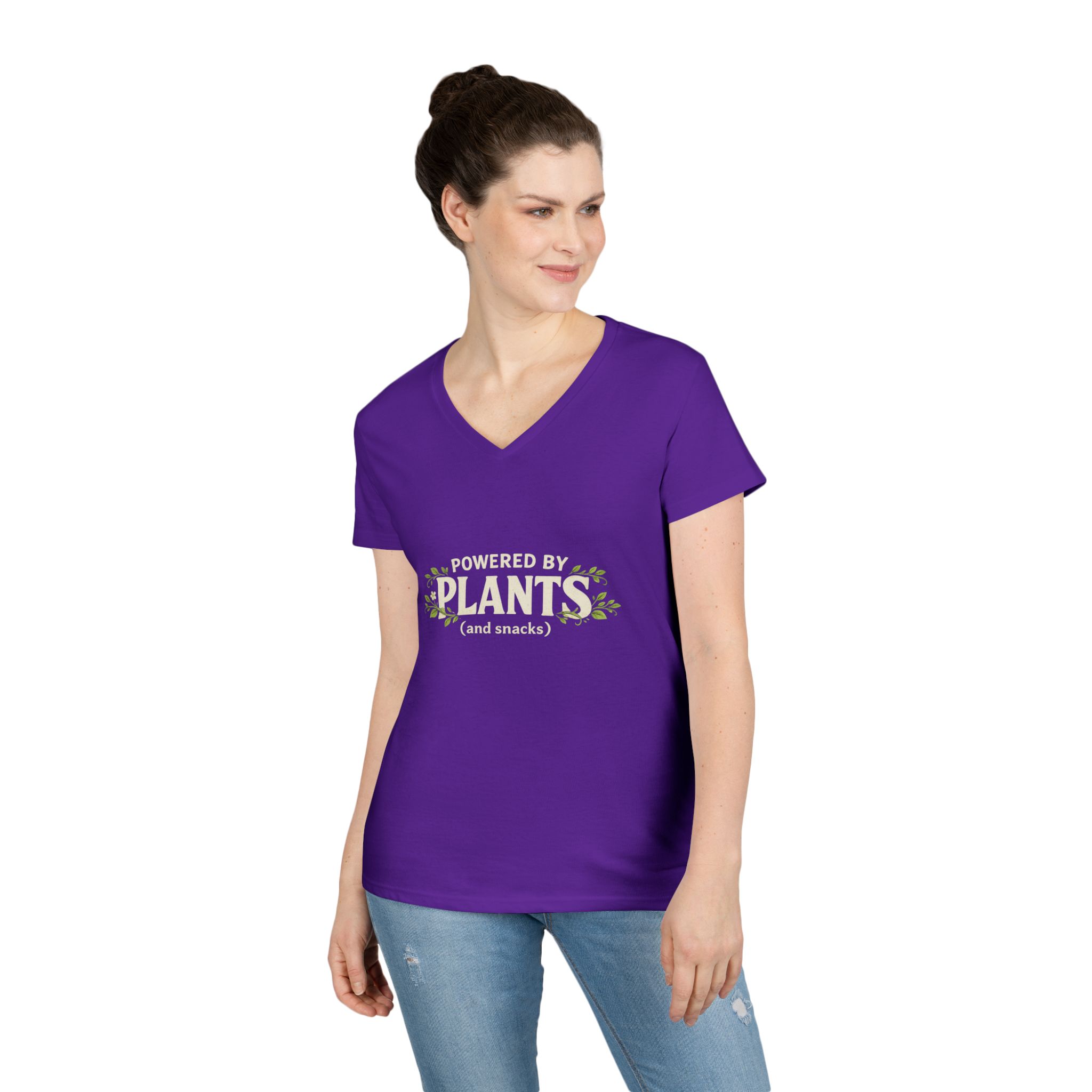 Powered by Plants V-Neck T-Shirt — Vegan Garden Graphic Tee - Image 27