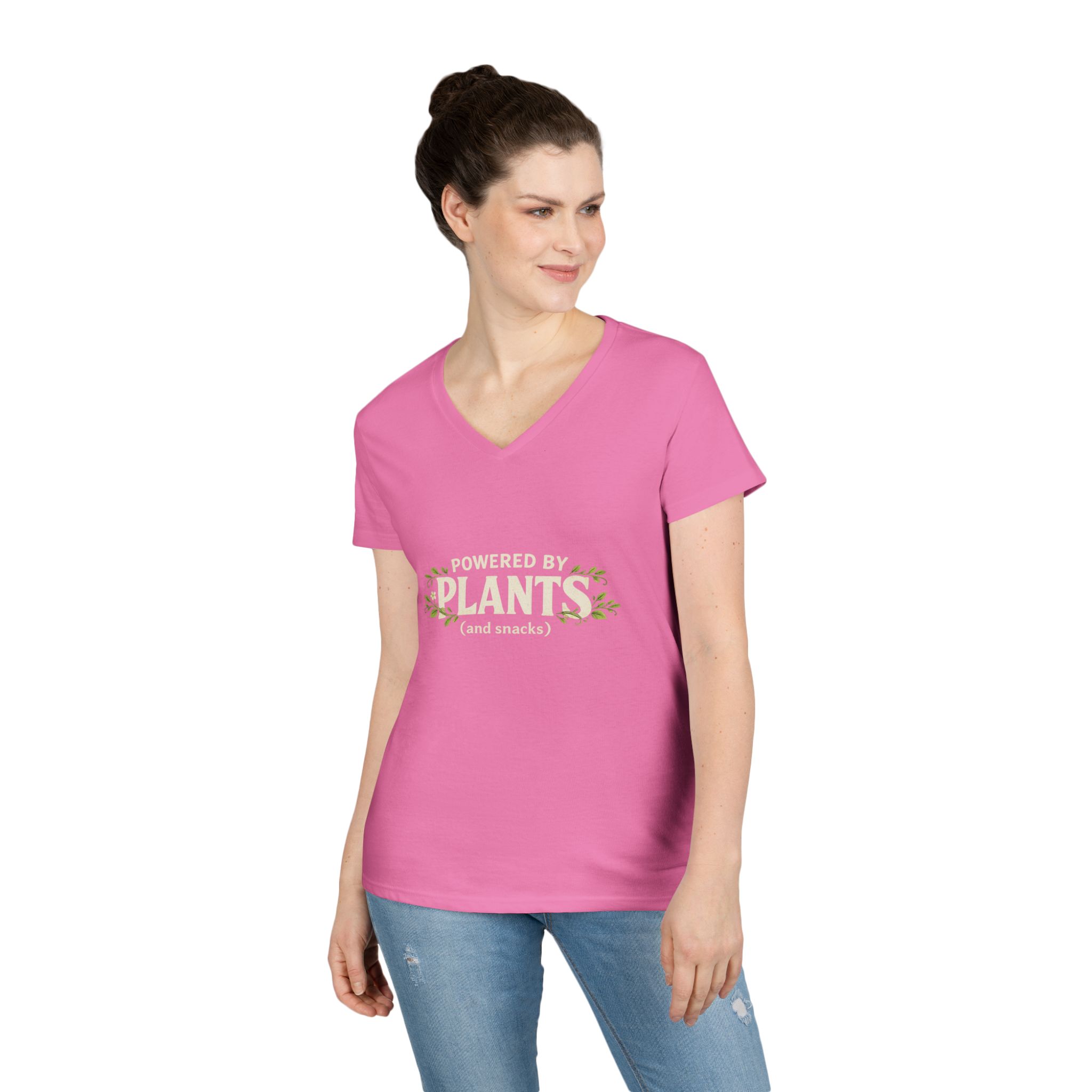Powered by Plants V-Neck T-Shirt — Vegan Garden Graphic Tee - Image 30