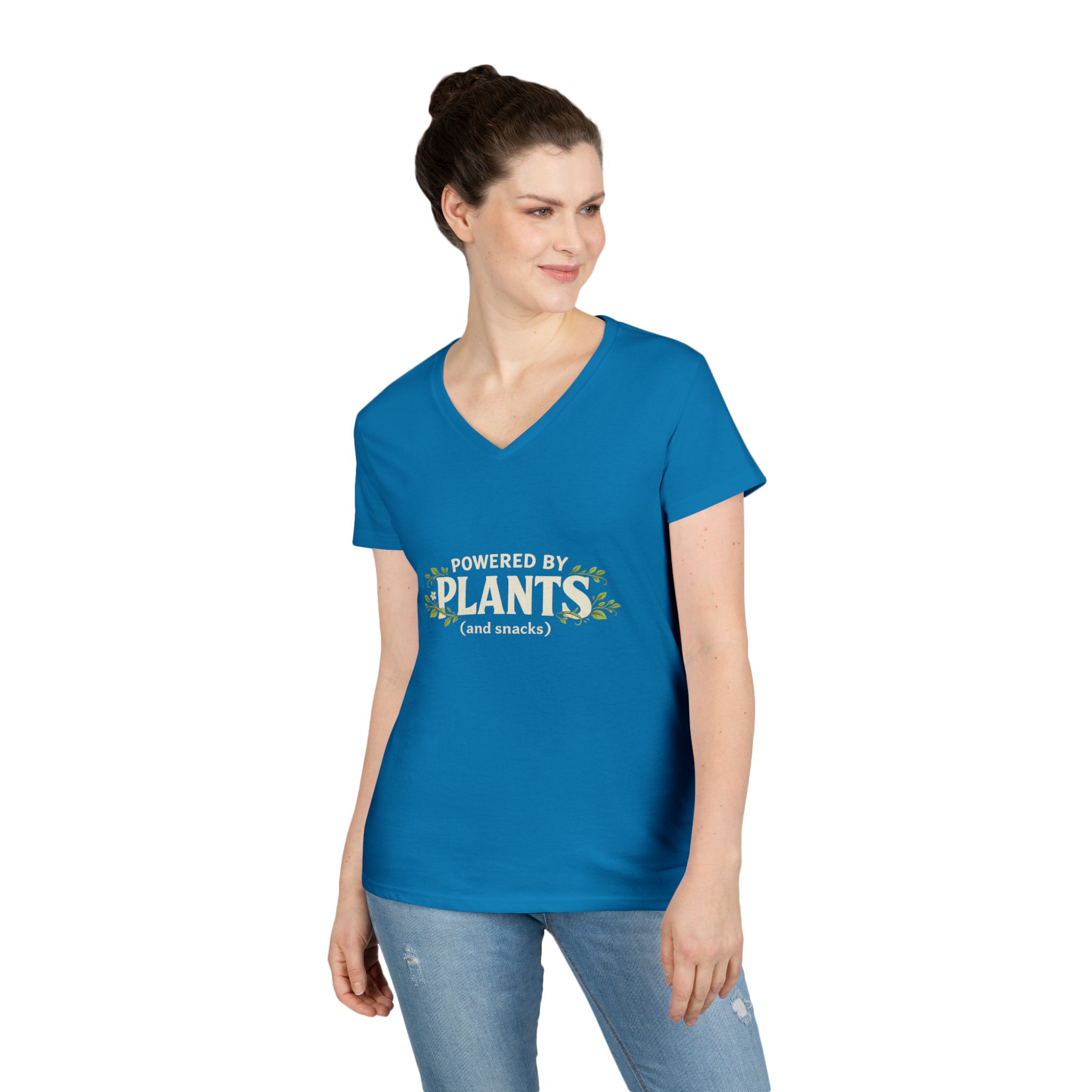 Powered by Plants V-Neck T-Shirt — Vegan Garden Graphic Tee - Image 12